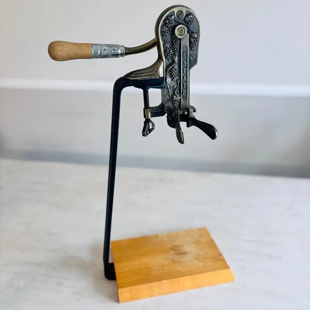 Rogar Estate Wine Bottle Opener Corkscrew Grape Motif Wood Stand 23